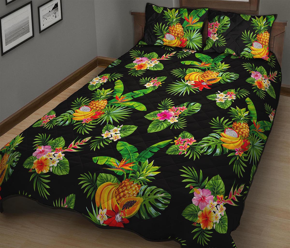 Black Tropical Hawaiian Pattern Print Quilt Bed Set