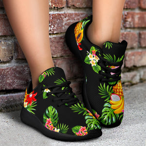 Black Tropical Hawaiian Pattern Print Sport Shoes GearFrost