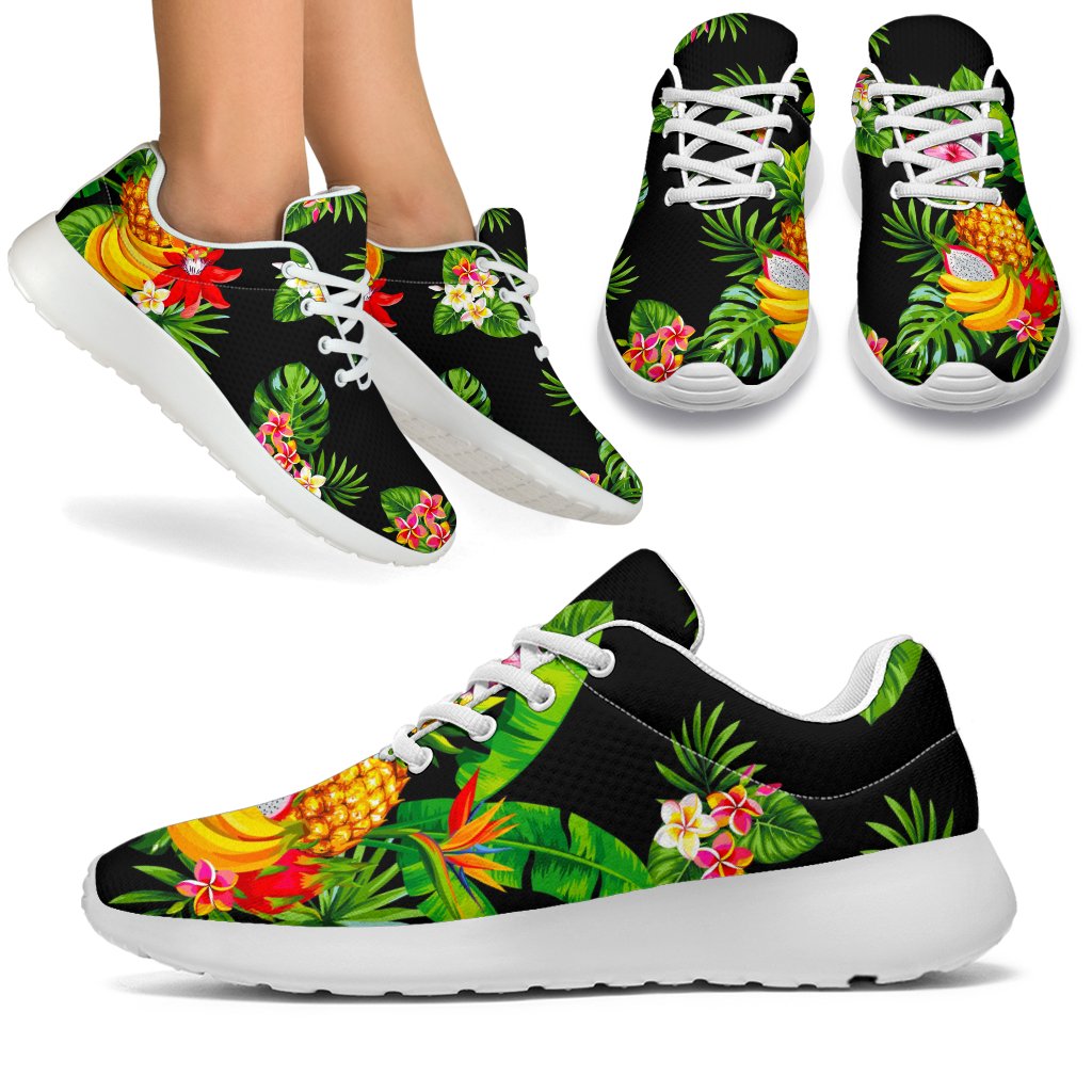 Black Tropical Hawaiian Pattern Print Sport Shoes GearFrost