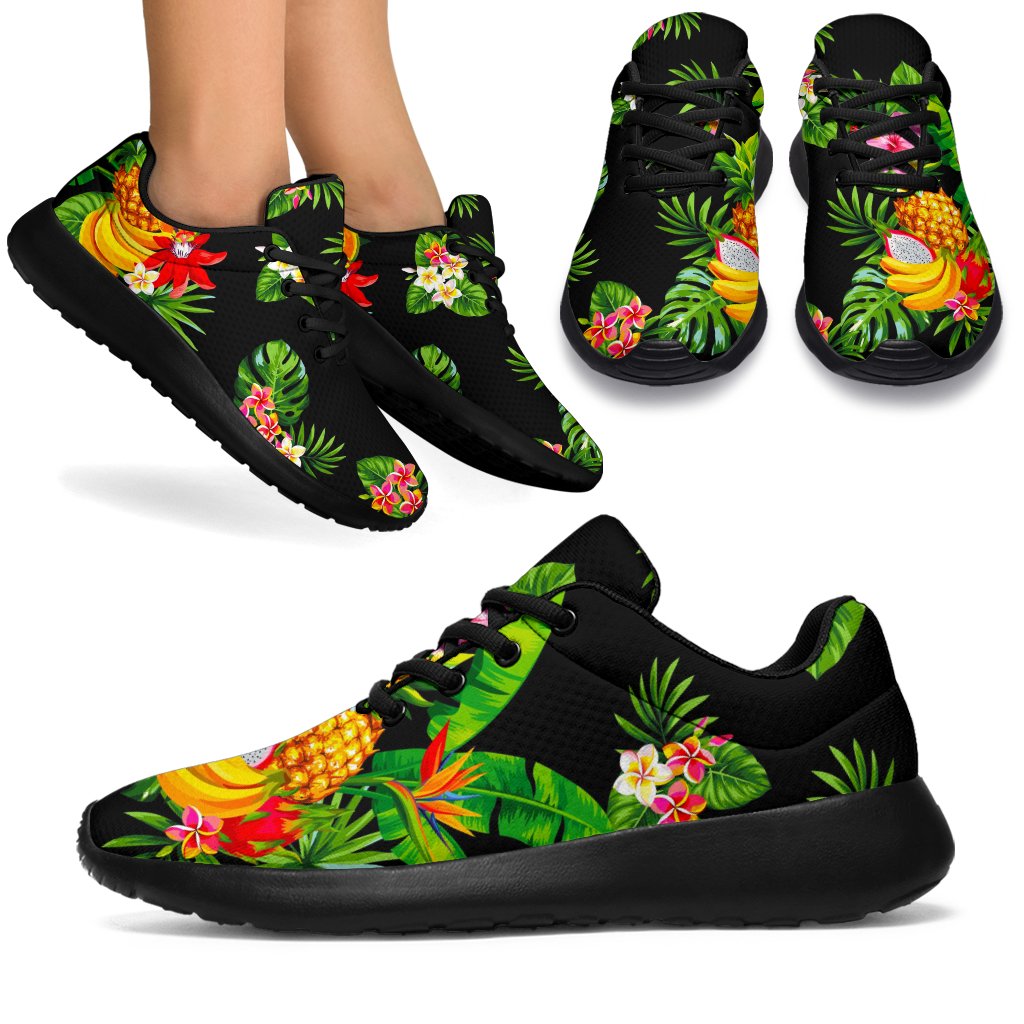 Black Tropical Hawaiian Pattern Print Sport Shoes GearFrost