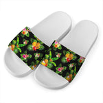 Black Tropical Hawaiian Pattern Print White Slide Sandals