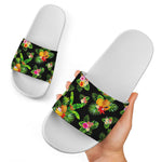 Black Tropical Hawaiian Pattern Print White Slide Sandals