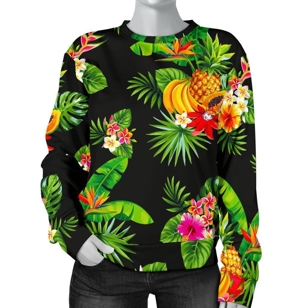 Black Tropical Hawaiian Pattern Print Women's Crewneck Sweatshirt GearFrost