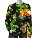 Black Tropical Hawaiian Pattern Print Women's Crewneck Sweatshirt GearFrost