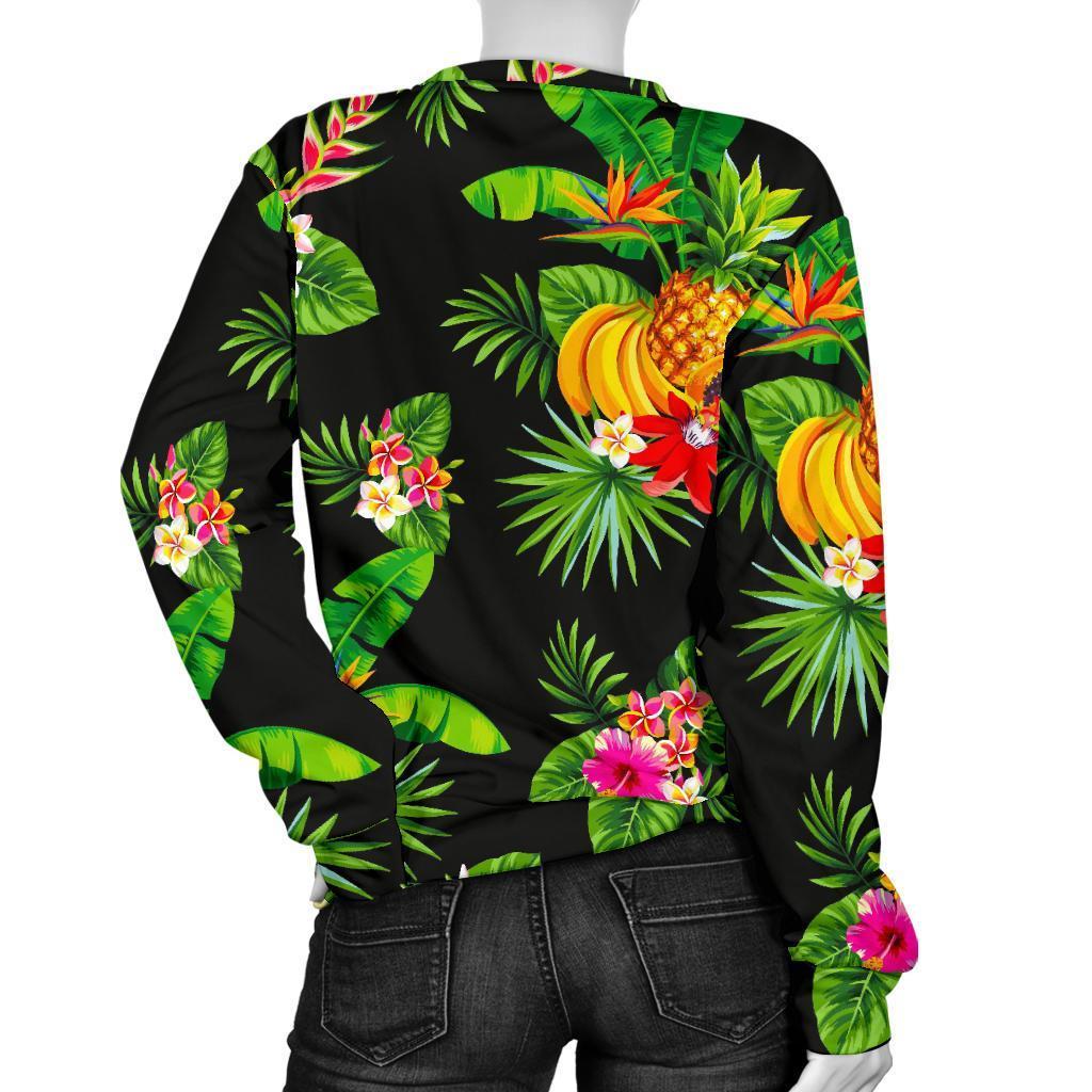 Black Tropical Hawaiian Pattern Print Women's Crewneck Sweatshirt GearFrost