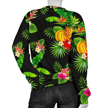 Black Tropical Hawaiian Pattern Print Women's Crewneck Sweatshirt GearFrost