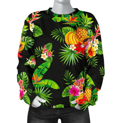 Black Tropical Hawaiian Pattern Print Women's Crewneck Sweatshirt GearFrost