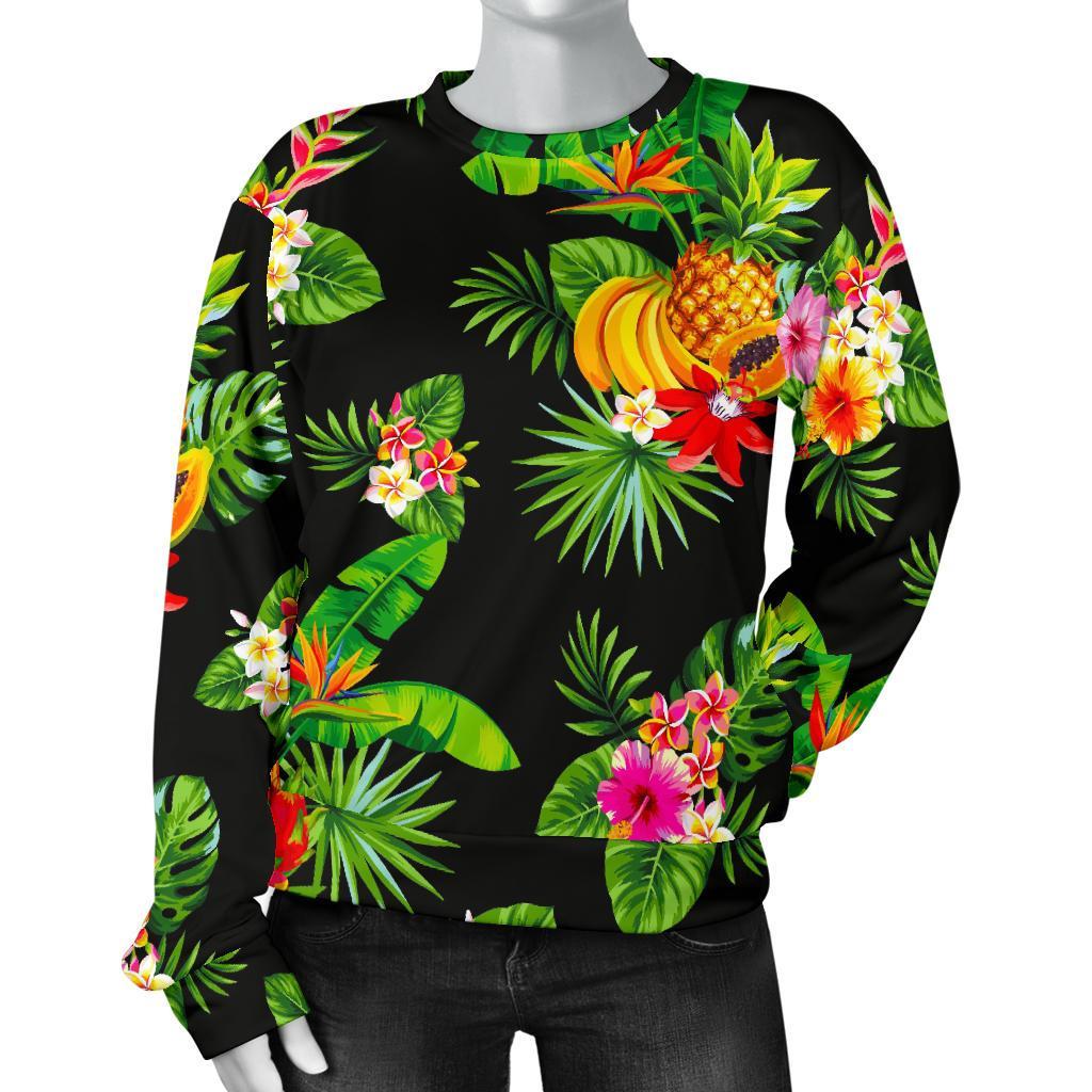 Black Tropical Hawaiian Pattern Print Women's Crewneck Sweatshirt GearFrost