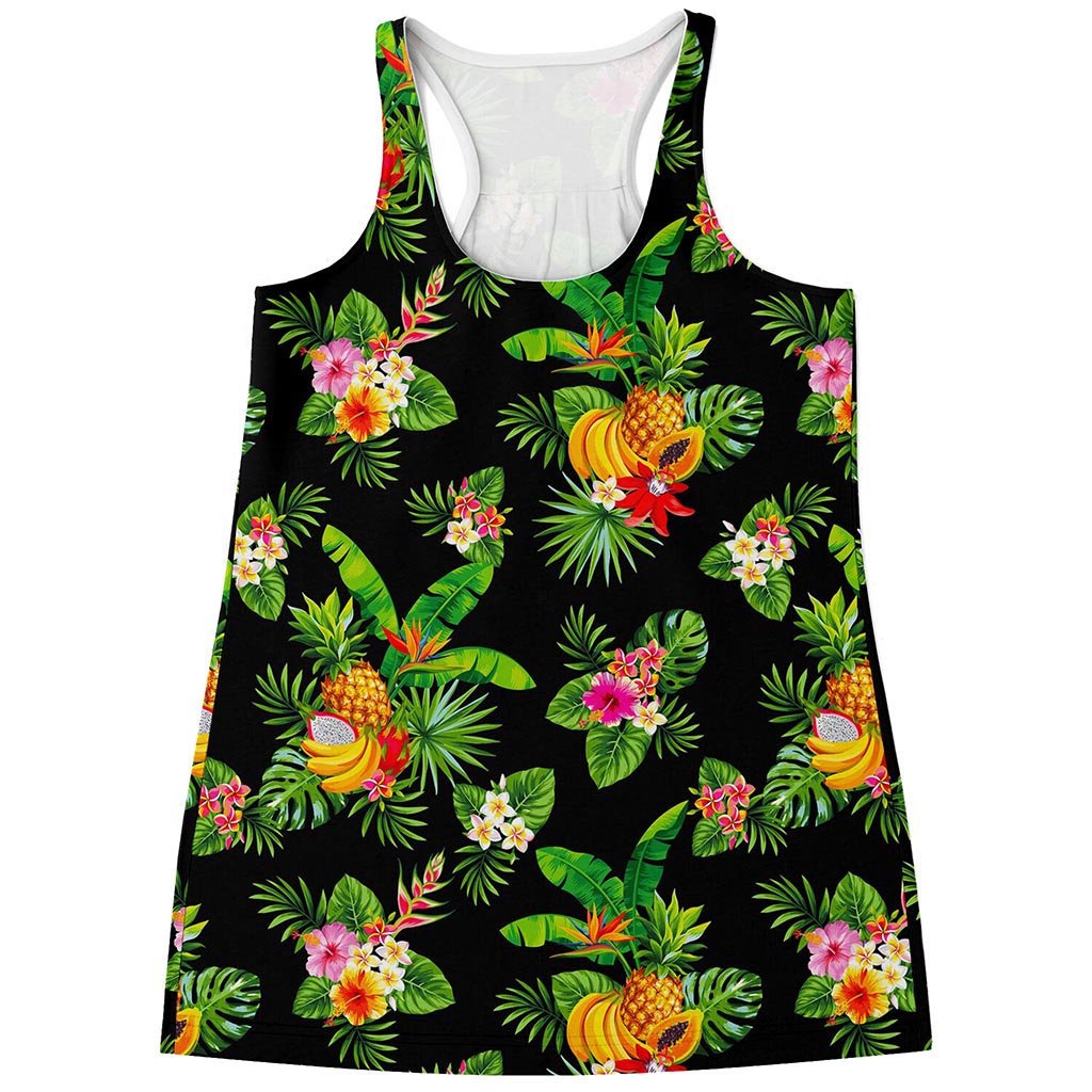 Black Tropical Hawaiian Pattern Print Women's Racerback Tank Top