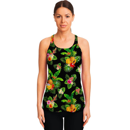 Black Tropical Hawaiian Pattern Print Women's Racerback Tank Top