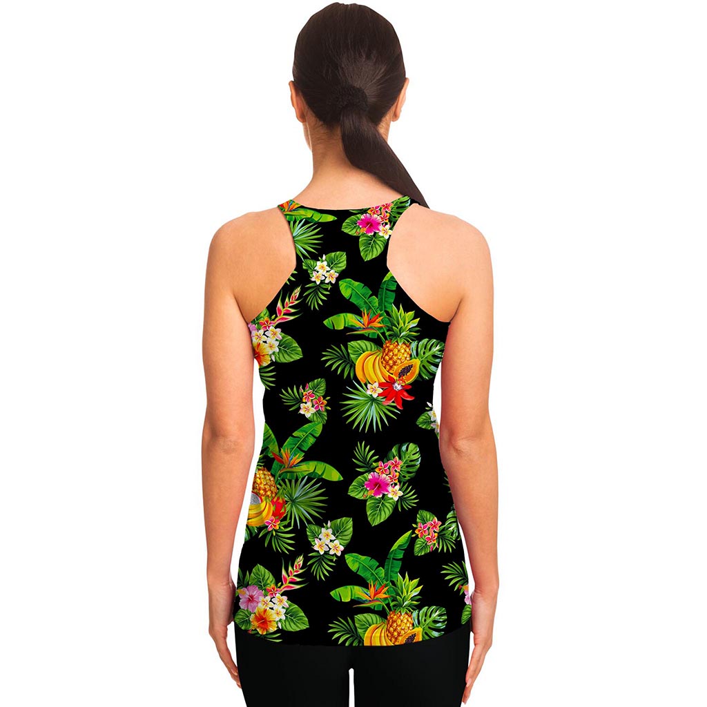 Black Tropical Hawaiian Pattern Print Women's Racerback Tank Top