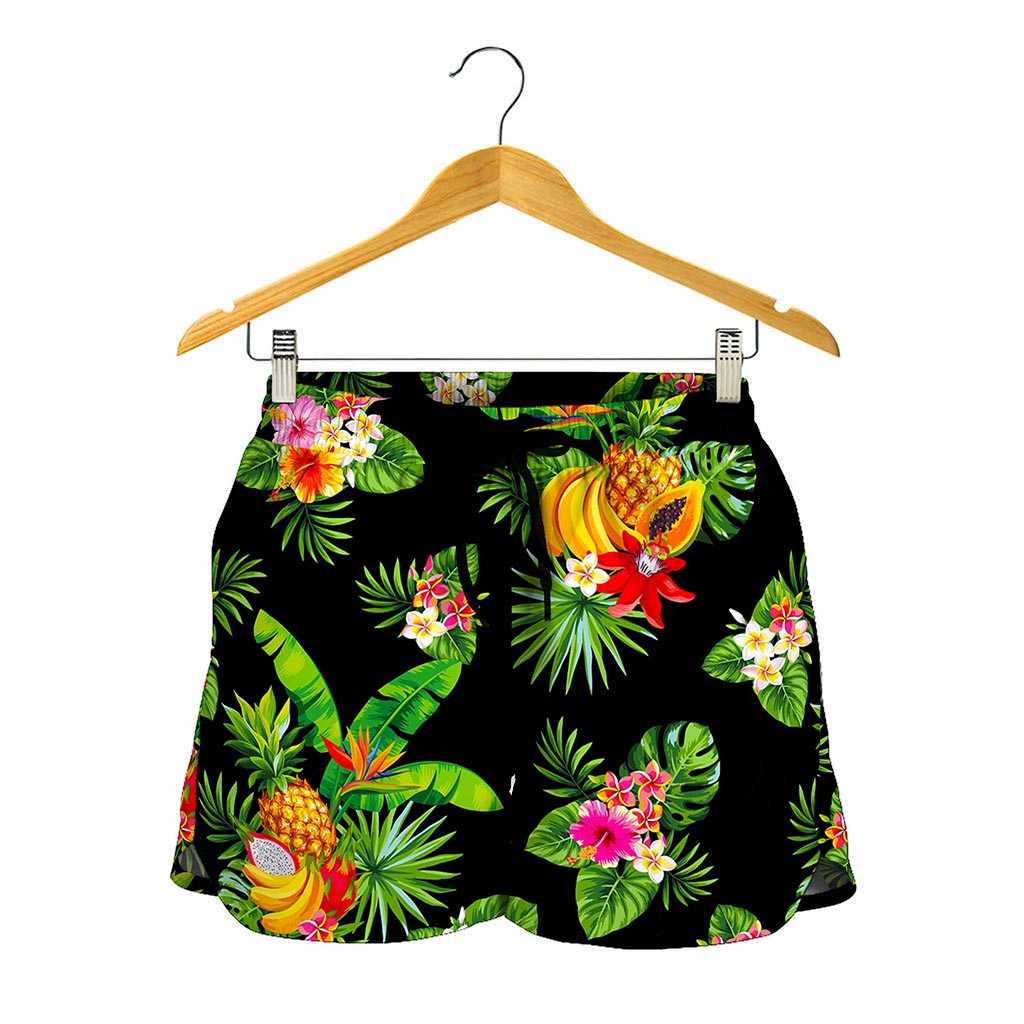 Black Tropical Hawaiian Pattern Print Women's Shorts