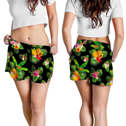 Black Tropical Hawaiian Pattern Print Women's Shorts