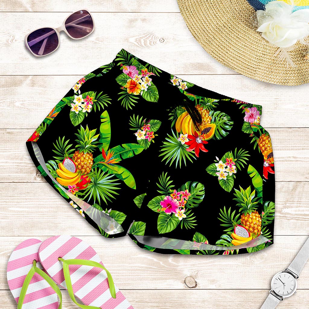 Black Tropical Hawaiian Pattern Print Women's Shorts