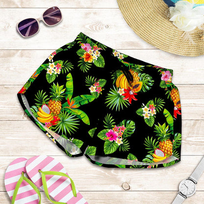 Black Tropical Hawaiian Pattern Print Women's Shorts