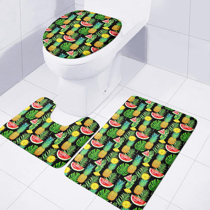 Black Tropical Pineapple Pattern Print 3 Piece Bath Mat Set