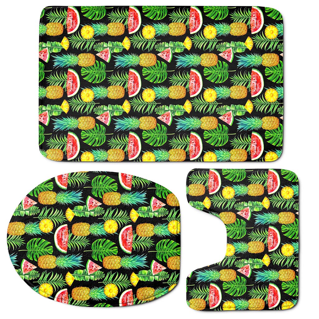 Black Tropical Pineapple Pattern Print 3 Piece Bath Mat Set