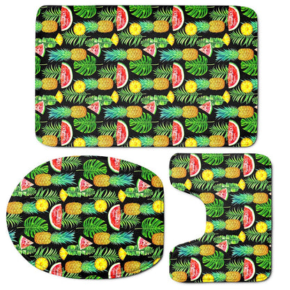 Black Tropical Pineapple Pattern Print 3 Piece Bath Mat Set