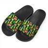 Black Tropical Pineapple Pattern Print Black Slide Sandals