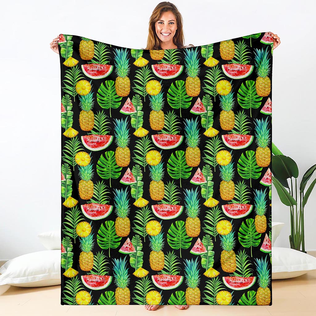 Black Tropical Pineapple Pattern Print Blanket