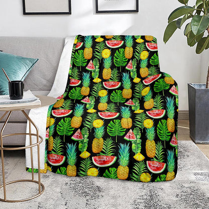 Black Tropical Pineapple Pattern Print Blanket