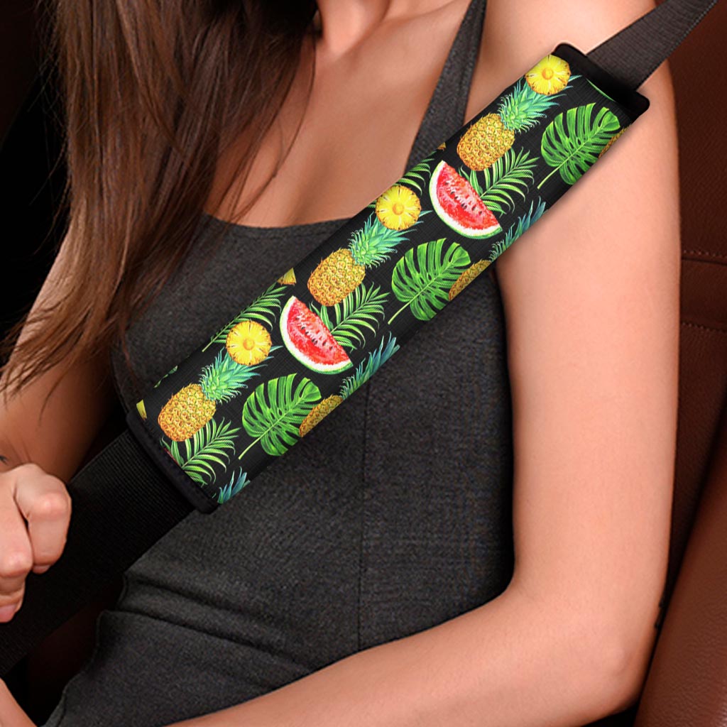Black Tropical Pineapple Pattern Print Car Seat Belt Covers