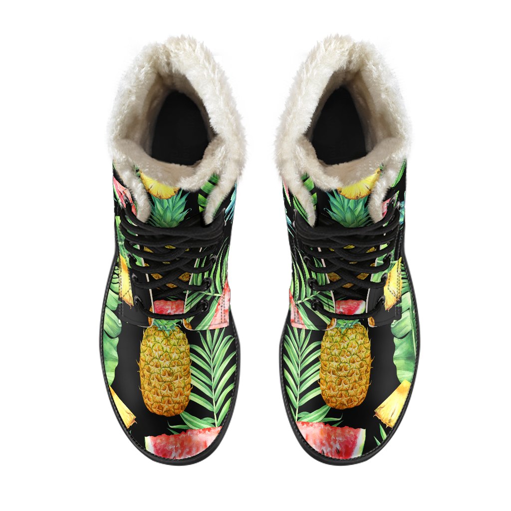 Black Tropical Pineapple Pattern Print Comfy Boots GearFrost
