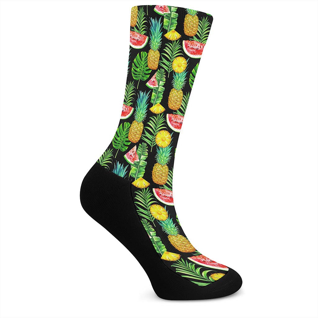 Black Tropical Pineapple Pattern Print Crew Socks