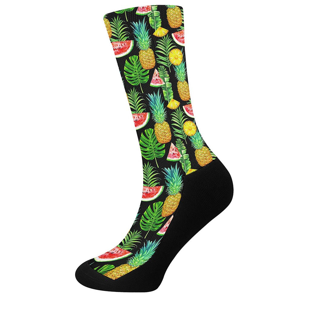 Black Tropical Pineapple Pattern Print Crew Socks