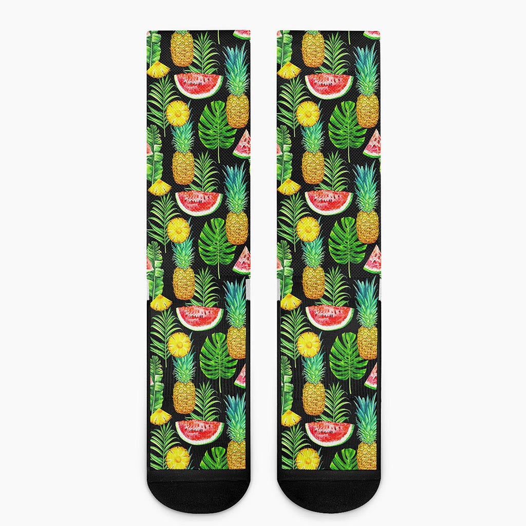 Black Tropical Pineapple Pattern Print Crew Socks