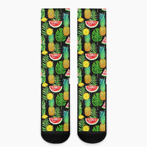 Black Tropical Pineapple Pattern Print Crew Socks