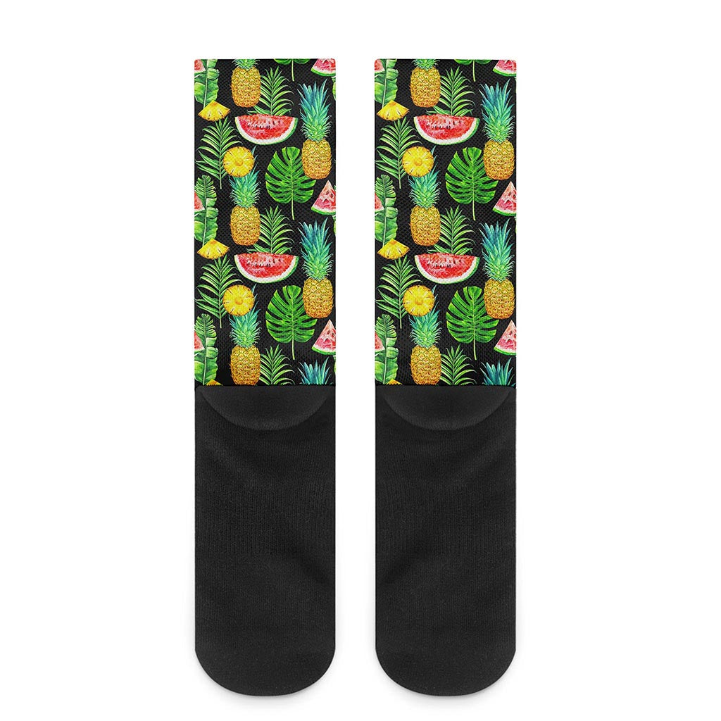 Black Tropical Pineapple Pattern Print Crew Socks