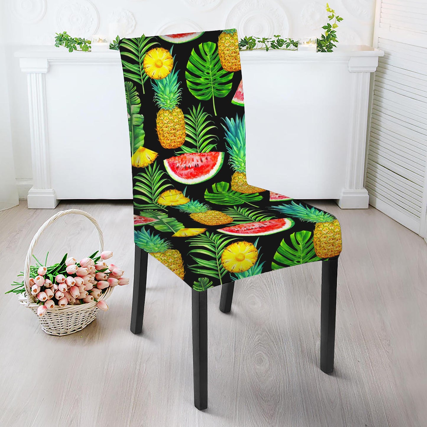 Black Tropical Pineapple Pattern Print Dining Chair Slipcover