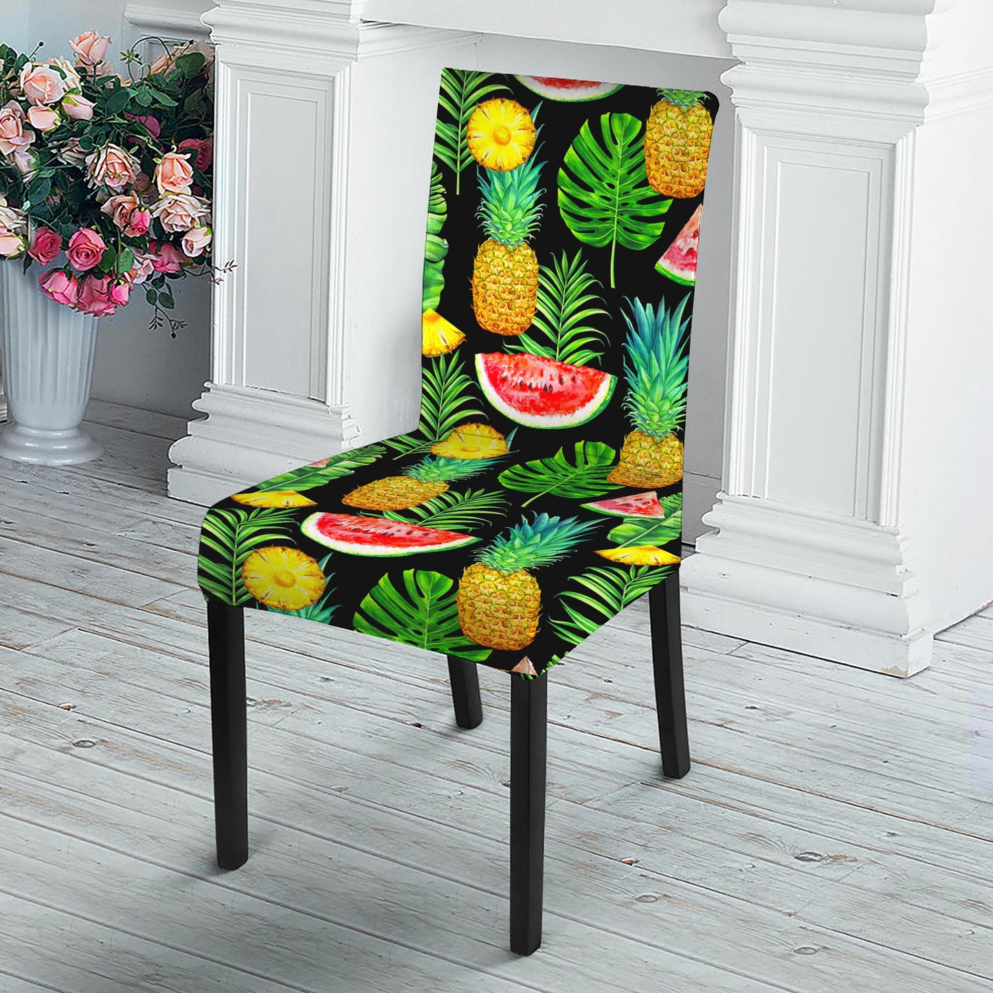 Black Tropical Pineapple Pattern Print Dining Chair Slipcover