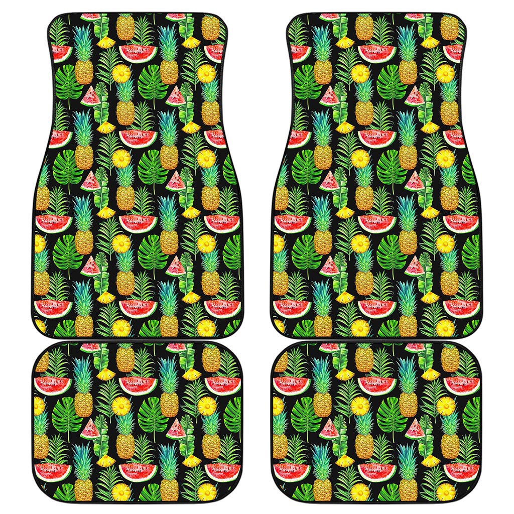Black Tropical Pineapple Pattern Print Front and Back Car Floor Mats