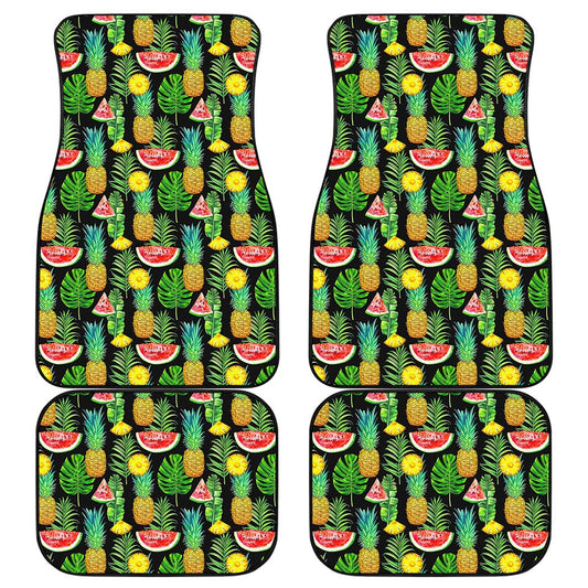 Black Tropical Pineapple Pattern Print Front and Back Car Floor Mats