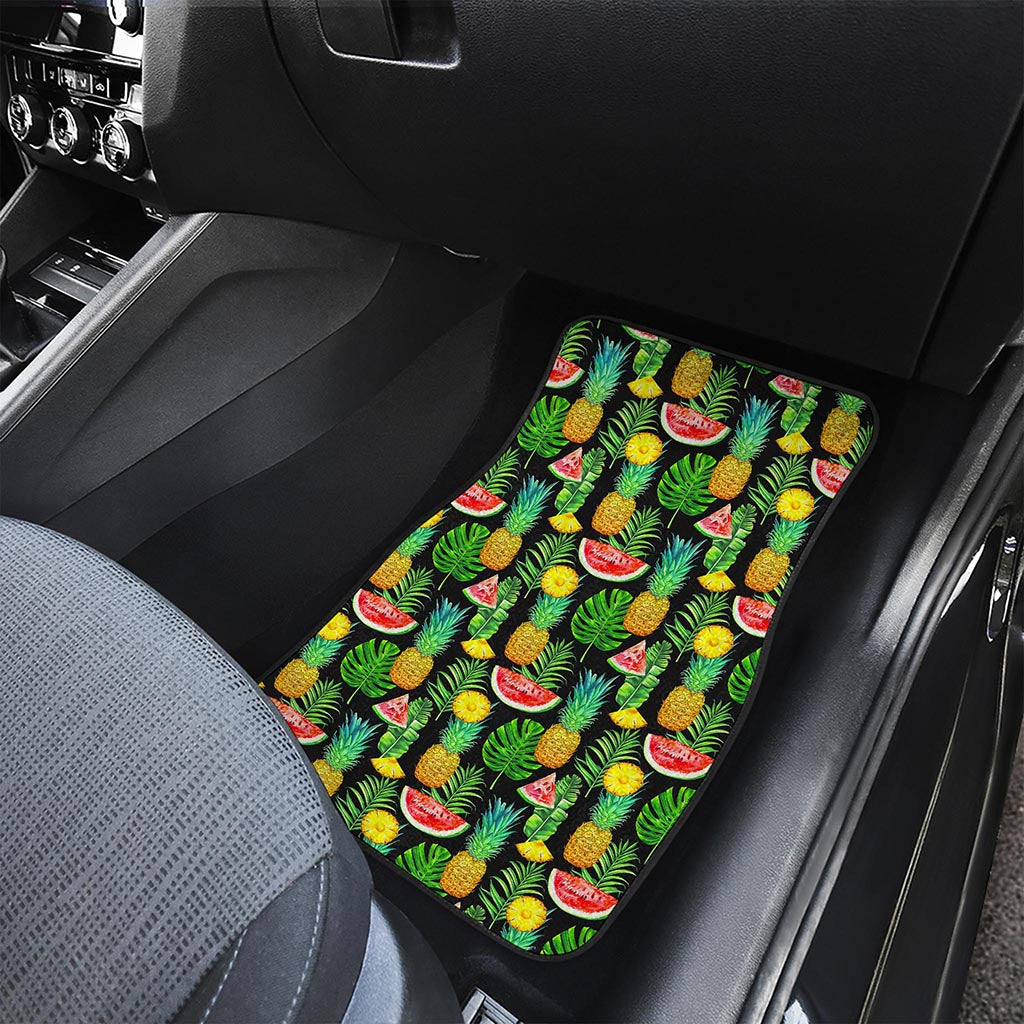 Black Tropical Pineapple Pattern Print Front and Back Car Floor Mats