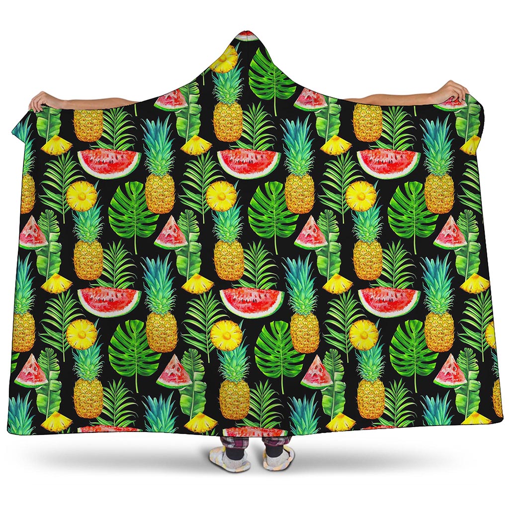 Black Tropical Pineapple Pattern Print Hooded Blanket