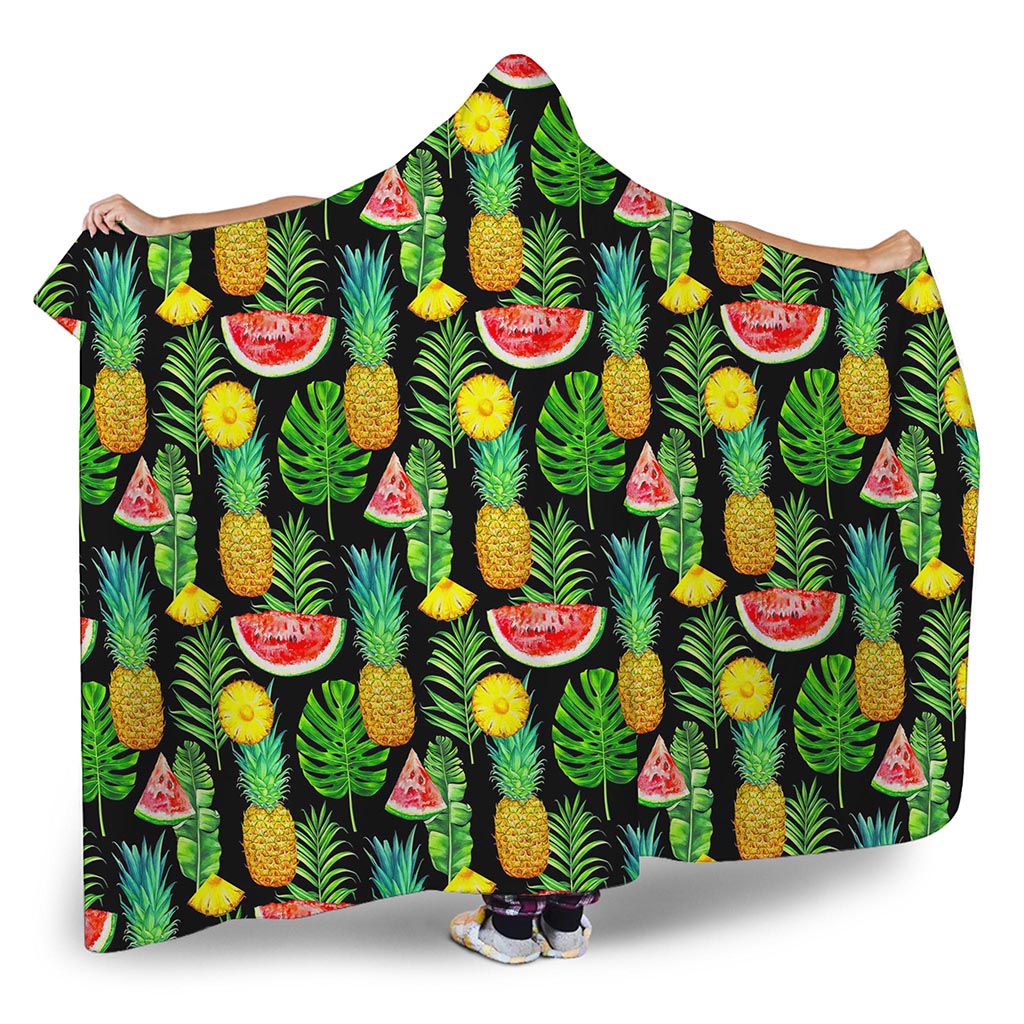 Black Tropical Pineapple Pattern Print Hooded Blanket