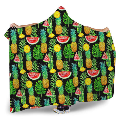 Black Tropical Pineapple Pattern Print Hooded Blanket