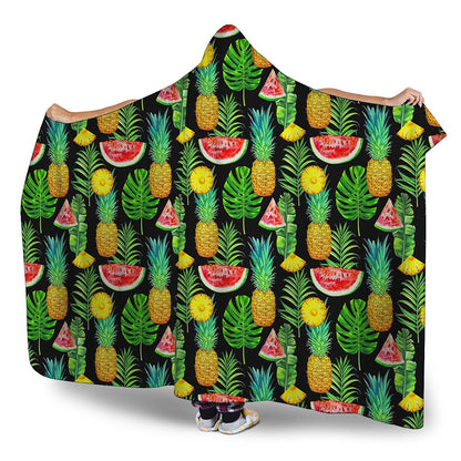 Black Tropical Pineapple Pattern Print Hooded Blanket