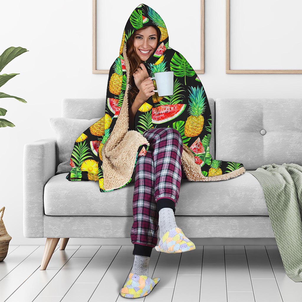 Black Tropical Pineapple Pattern Print Hooded Blanket