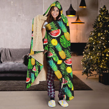 Black Tropical Pineapple Pattern Print Hooded Blanket