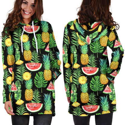Black Tropical Pineapple Pattern Print Hoodie Dress GearFrost