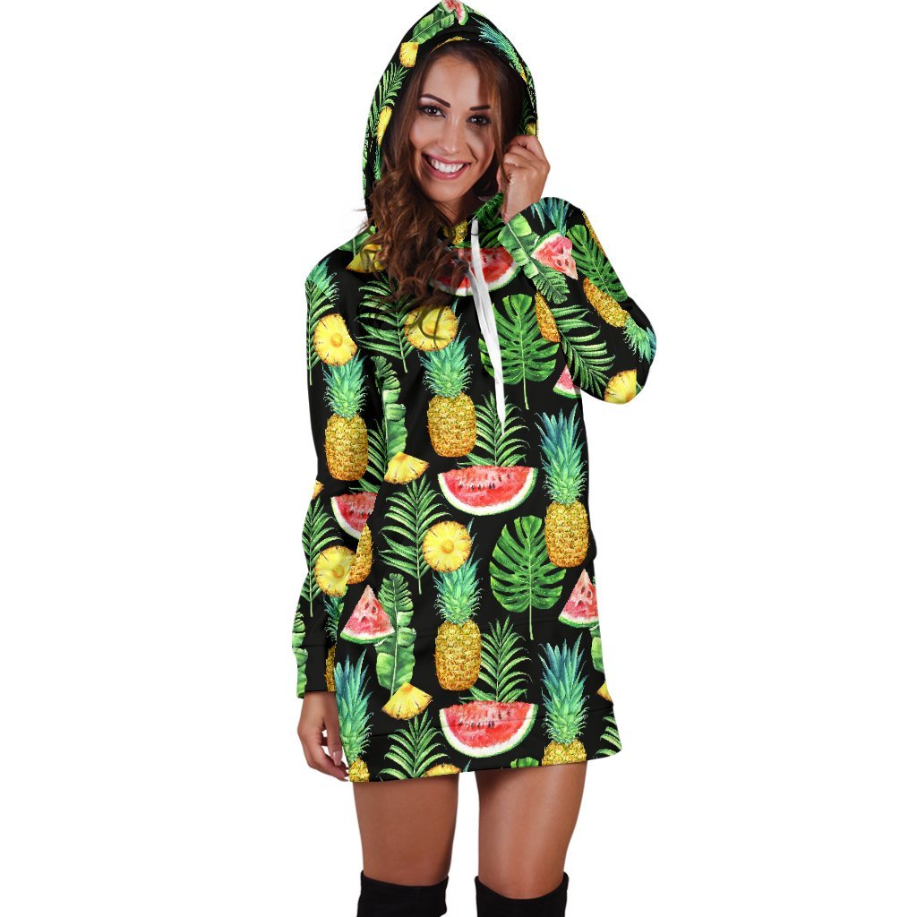 Black Tropical Pineapple Pattern Print Hoodie Dress GearFrost