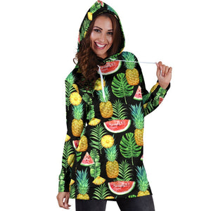 Black Tropical Pineapple Pattern Print Hoodie Dress GearFrost