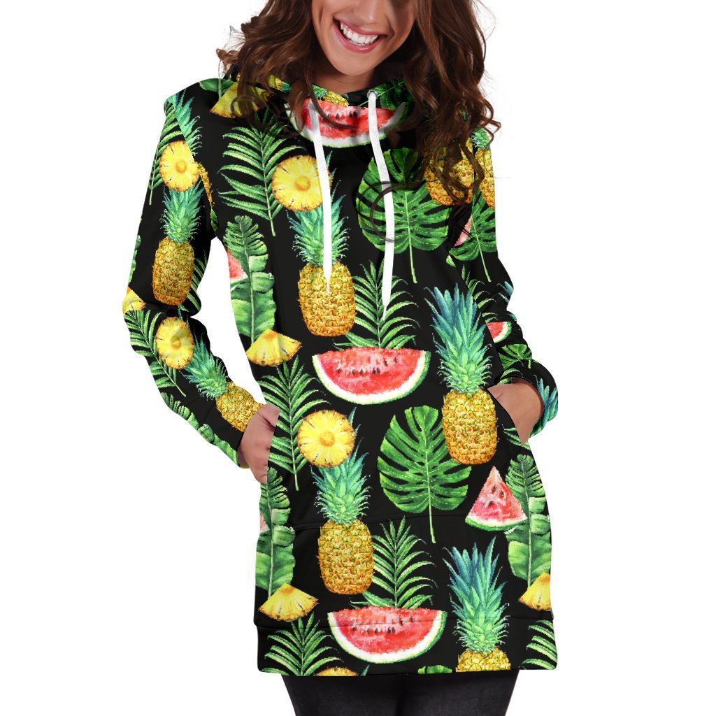 Black Tropical Pineapple Pattern Print Hoodie Dress GearFrost