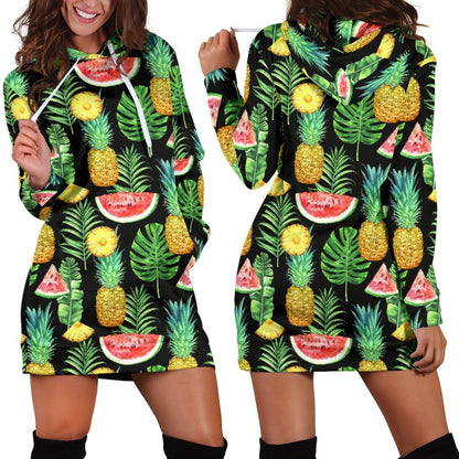 Black Tropical Pineapple Pattern Print Hoodie Dress GearFrost
