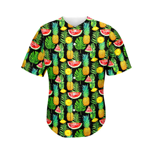 Black Tropical Pineapple Pattern Print Men's Baseball Jersey