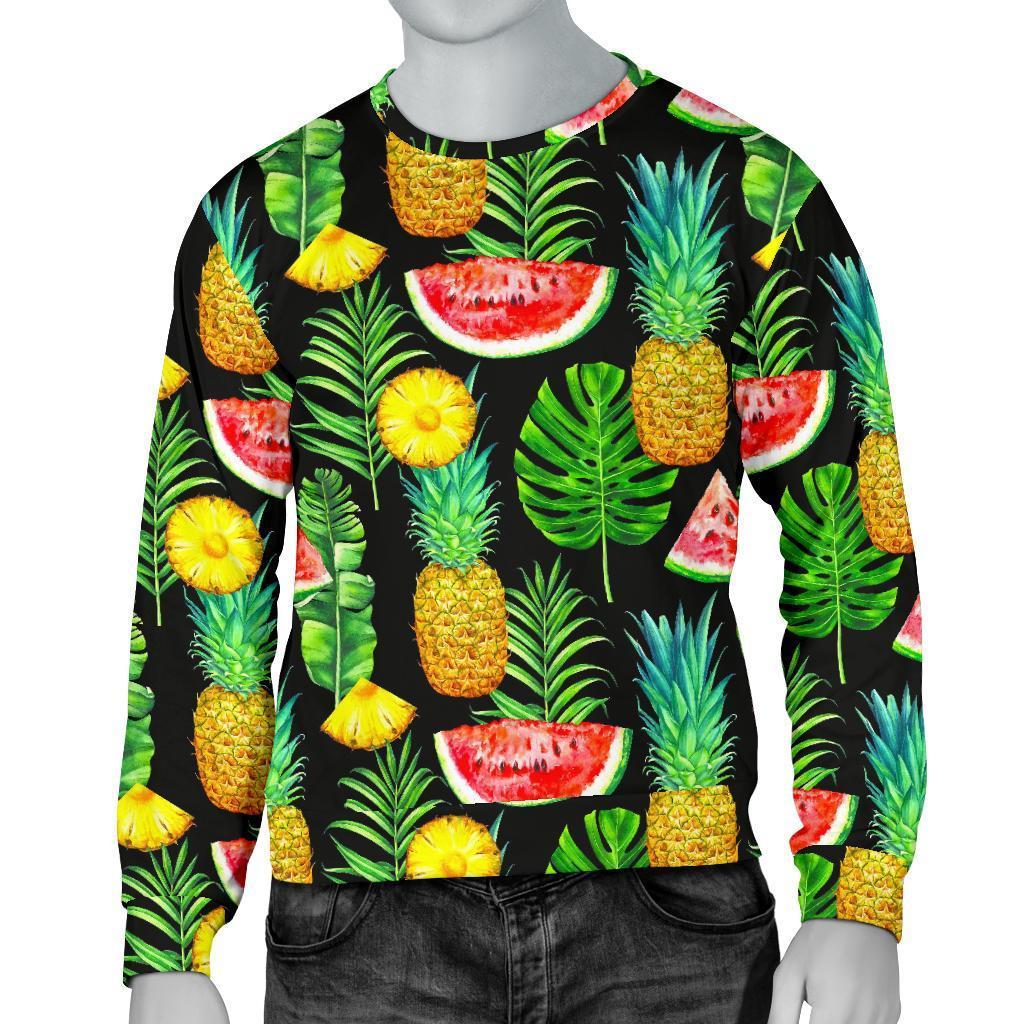 Black Tropical Pineapple Pattern Print Men's Crewneck Sweatshirt GearFrost